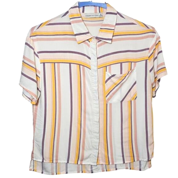 Paper‎ Crane Womens Medium Button Cropped Shirt Boxy Striped Pastel Retro Flowy - Picture 1 of 8